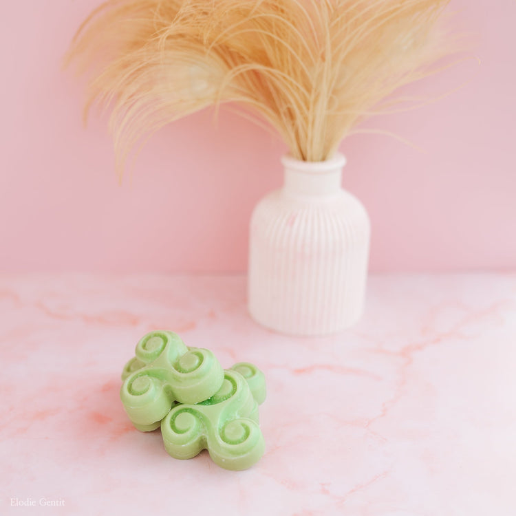 fondant ou galet de cire et sur un rond de bois avec des fleurs. Photographie.